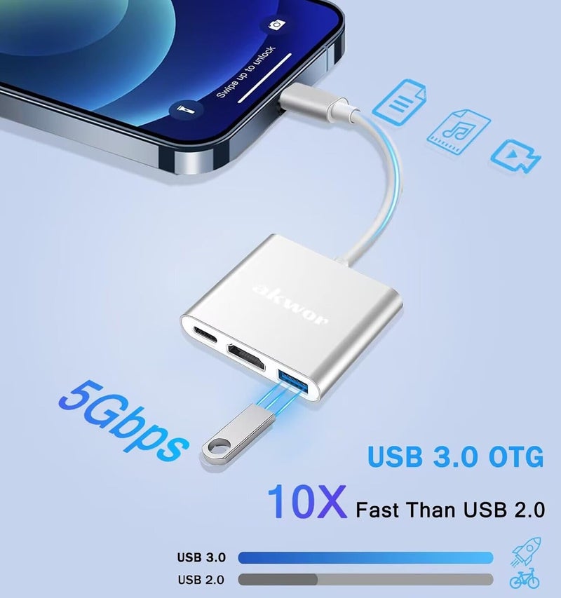 AKWOR محول USB C إلى HDMI 3 في 1 متعدد المنافذ، محول AV رقمي 4K مع USB 3.0 OTG PD 100W متوافق مع Thunderbolt 4/3 MacBook، iPad Air/Pro، إلى HDTV جهاز عرض شاشة - Image 5